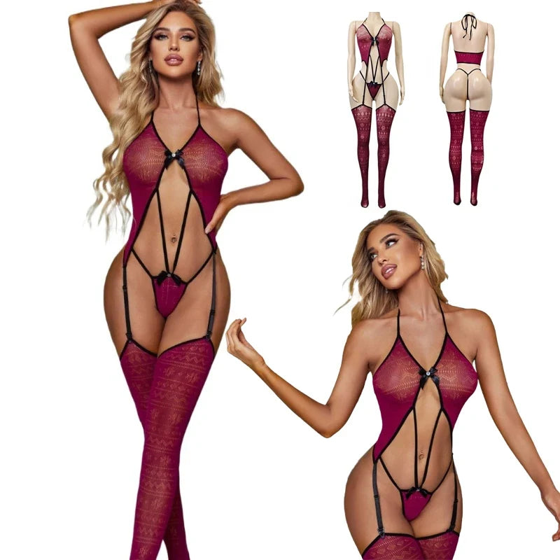 Womens Sexy Mesh Lingerie Sets Exotic Apparel Sexy Slimming Bodystockings Garter Erotic Lace Underwear Bodysuit