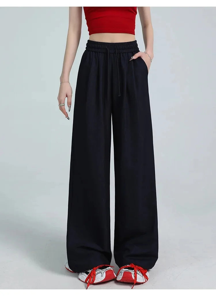 White Ice Silk Wide Leg Pants Women's Summer Thin High Waist Slimming Casual Versatile Elastic Waist Draped Straight Leg Trouser
