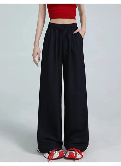 White Ice Silk Wide Leg Pants Women's Summer Thin High Waist Slimming Casual Versatile Elastic Waist Draped Straight Leg Trouser
