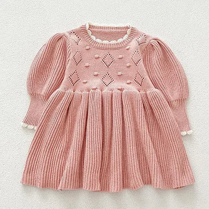 2024 New Autumn Kids Princess Dresses Long Sleeved Knitted Splicing Baby Girl Knitting Party Dress Children Knitting Clothes