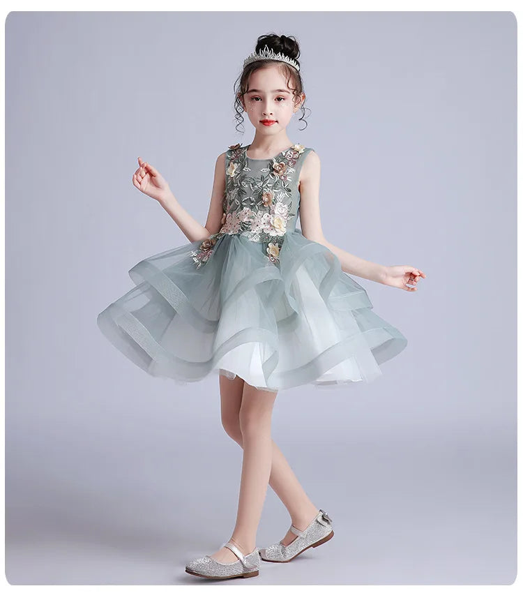 Kids Girls Layered Dress  Elegant Flower Girl Dresses for Wedding Birthday Party Children Festival Ball Gown
