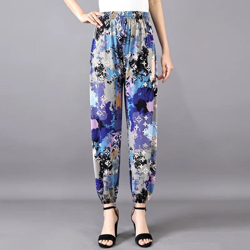 High Waist Floral Pants Straight Leg Home Leisure Women's plus Size High Elasticity Air Conditioning Pants Casual Trousers