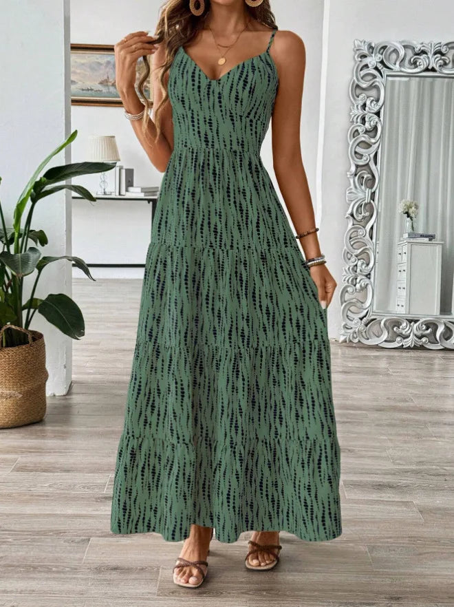 Women's Western Vacation Style Off-the-shoulder Dress Spring/Summer New Asymmetric Striped Design Maxi Dress