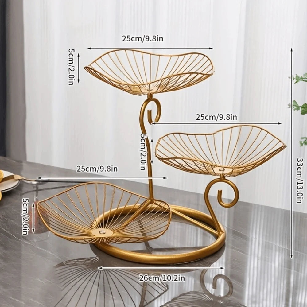 Lotus Leaf Shape 3-Tier Fruit Basket Vintage Space-Saving Multi-Layer Serving Tray with Base Metal Wire Fruit Basket