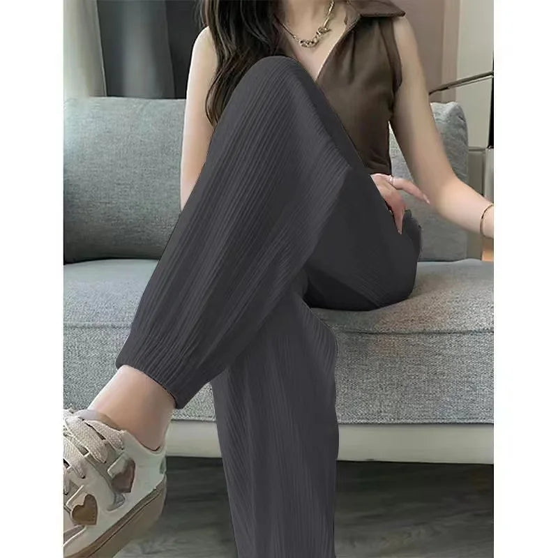High Waist Lantern Pants Women's Loose Fit Summer Spor Casual Thin Ice Silk Drapey Two-Piece Set Commute Sle Korean Faion