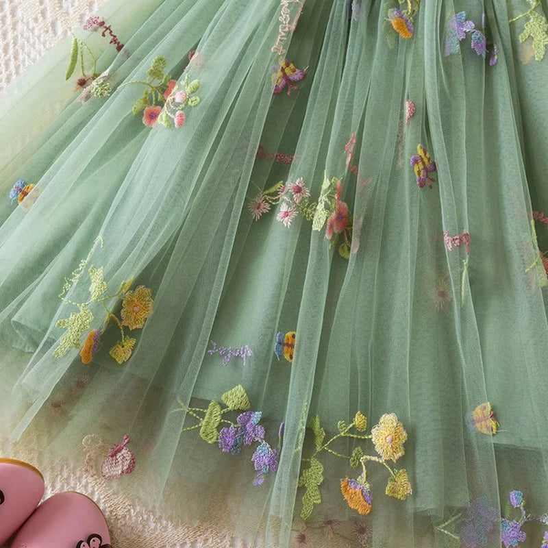 Summer New Sweet Girls' Little Sling Dress Children's Bow Floral Embroidery Mesh Tutu Princess Dress Baby Girl Dress