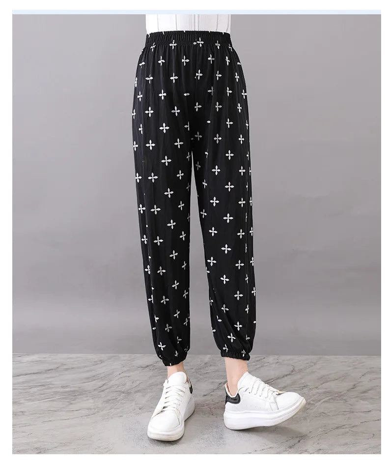 High Waist Floral Pants Straight Leg Home Leisure Women's plus Size High Elasticity Air Conditioning Pants Casual Trousers