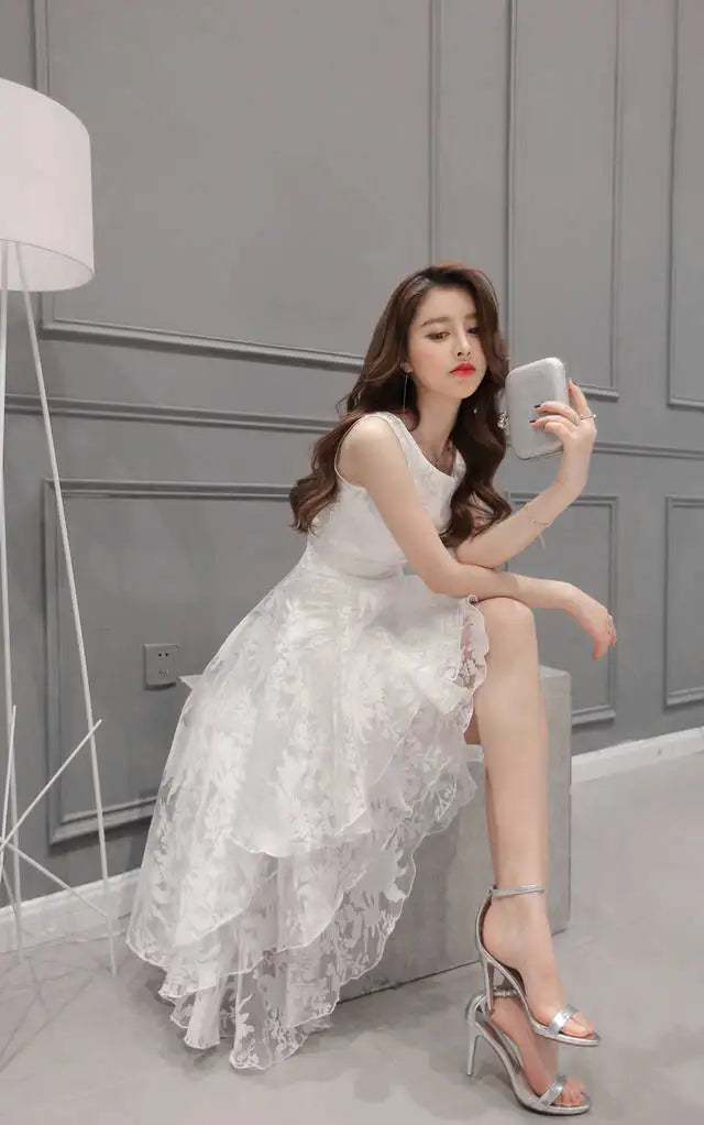 Summer High Low Retro Dress Vintage Women Sleeveless Front Back Short Long Organza Lace Dress Ladies Elegant Party Dress