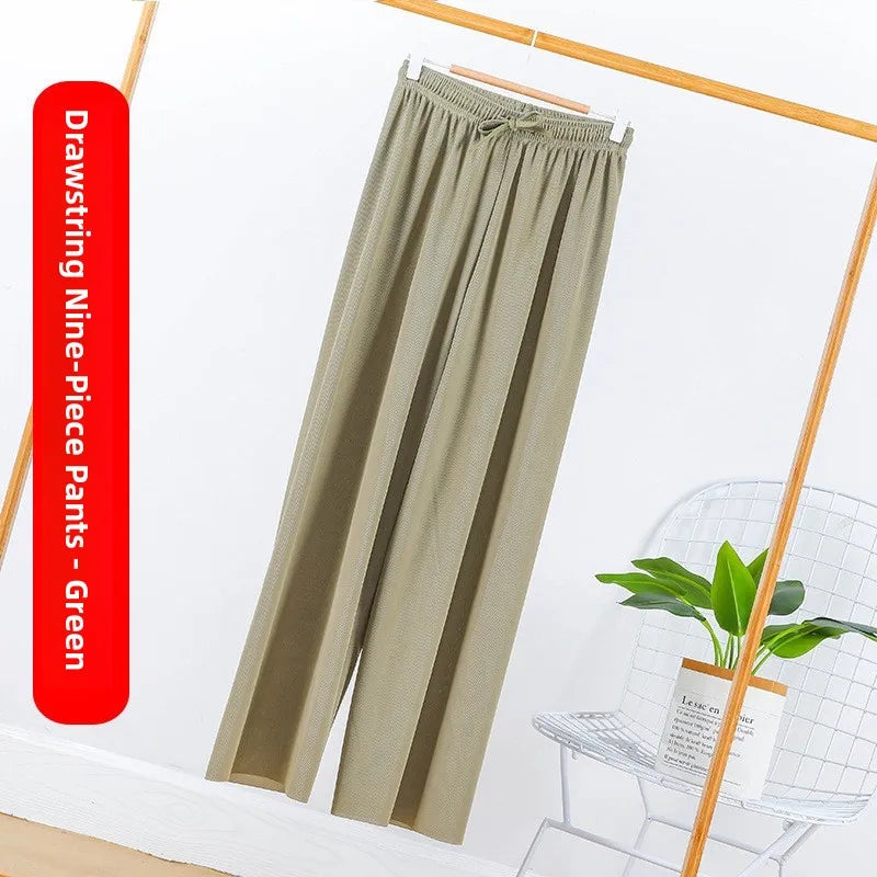Ice Silk Wide Leg Pants Women's Summer  New High Waist Drape Loose Slimming Straight Bla Floor-Length Casual Trousers