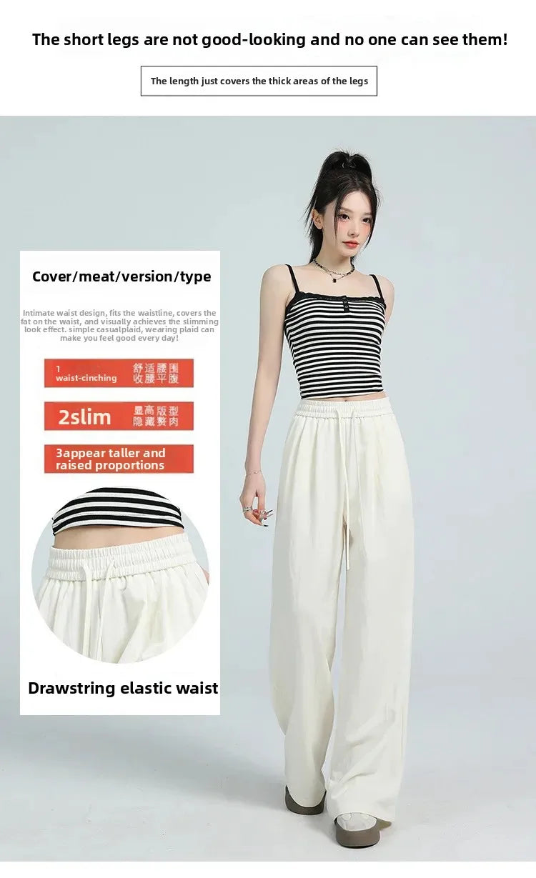 White Ice Silk Wide Leg Pants Women's Summer Thin High Waist Slimming Casual Versatile Elastic Waist Draped Straight Leg Trouser