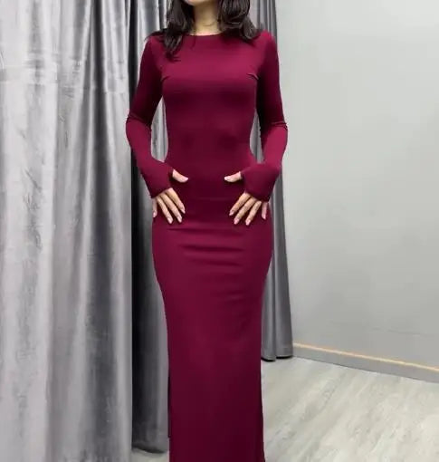 Womens Dresses 2025 Spring Autumn New Fashion Sexy Skinny Hip Hugging Comfortable Solid Color Casual Round Neck Long Dress
