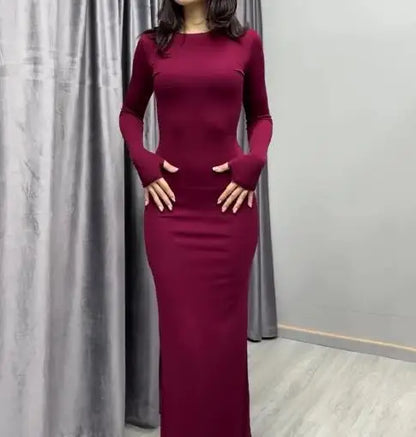 Womens Dresses 2025 Spring Autumn New Fashion Sexy Skinny Hip Hugging Comfortable Solid Color Casual Round Neck Long Dress