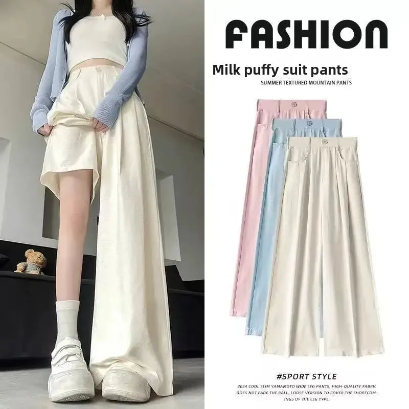 Ice Silk Drapey Wide Leg Pants Women's Summer Thin New Style Beige Color Nine Points Long Trousers Comfortable Fit Female Pants