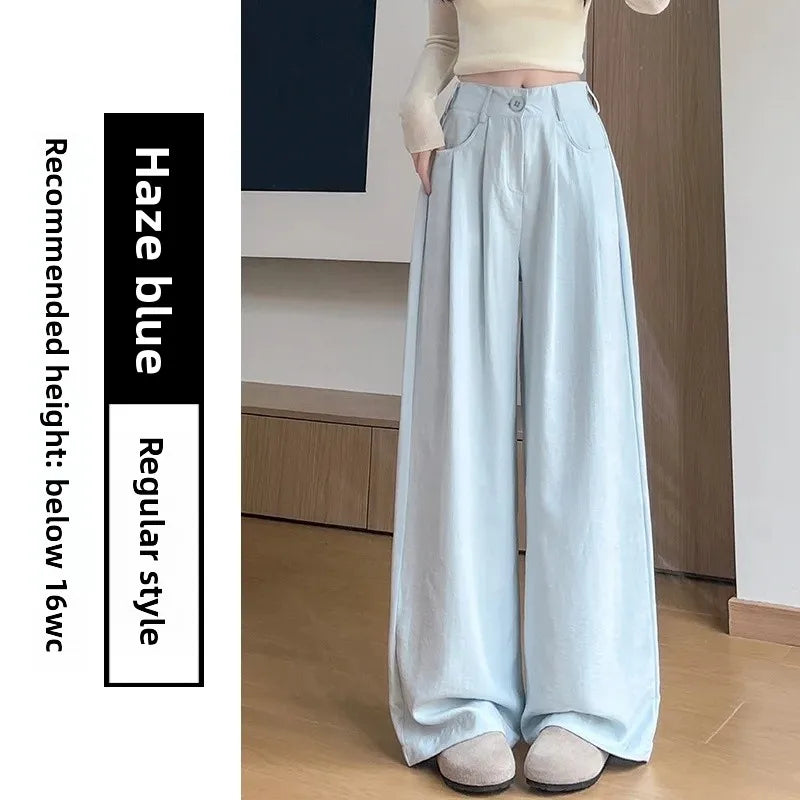 Ice Silk Drapey Wide Leg Pants Women's Summer Thin New Style Beige Color Nine Points Long Trousers Comfortable Fit Female Pants