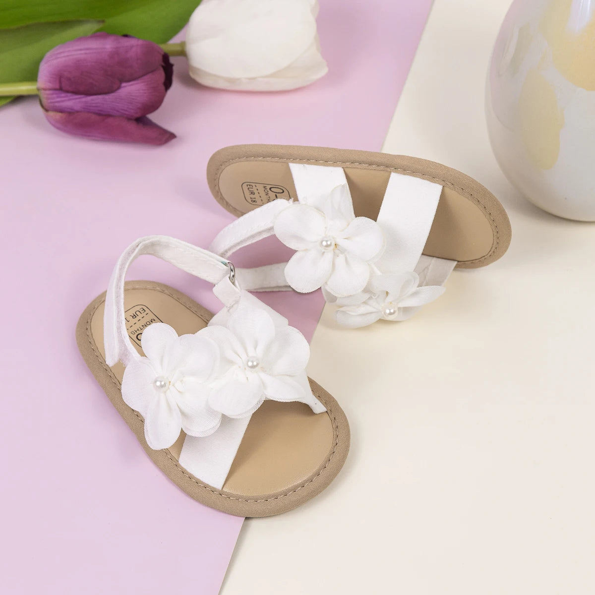 Baby Girls Shoes Flowers With Pearls Summer Cool Princess Sandals Lightweight Comfortable Soft Anti-slip Flat Sole