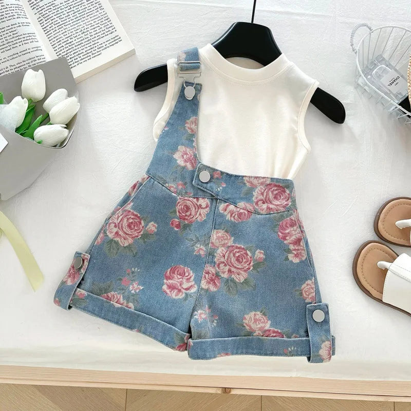 Girls' Clothing Set Sleeveless Top+printed Denim Shorts Two-piece Set for Girls Fashion Suits