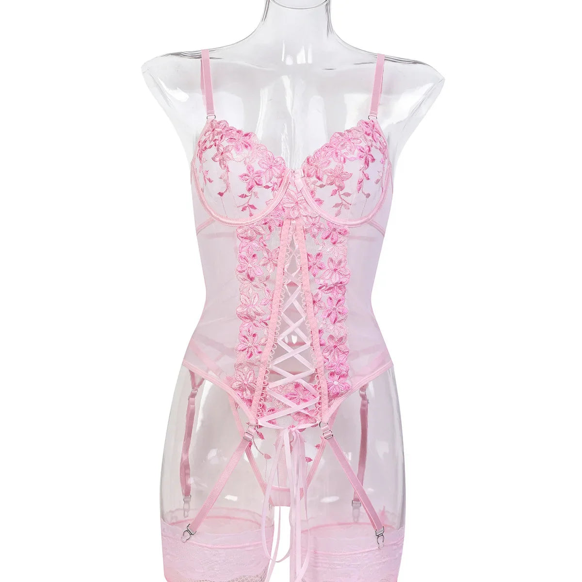 Ellolace Fancy Sexy Lingerie 3-Piece Corset Lace Up Beautiful Bodysuits With Stocking Luxury G-String Pink Intimate Goods 4PCY
