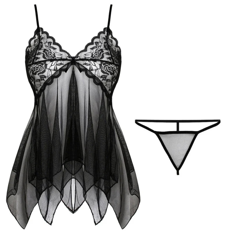 Sexy Lingerie Night Dress For Female Transparent Babydoll Nightwear With G-string Underwear Lace Sleepwear Women's Lingerie Set