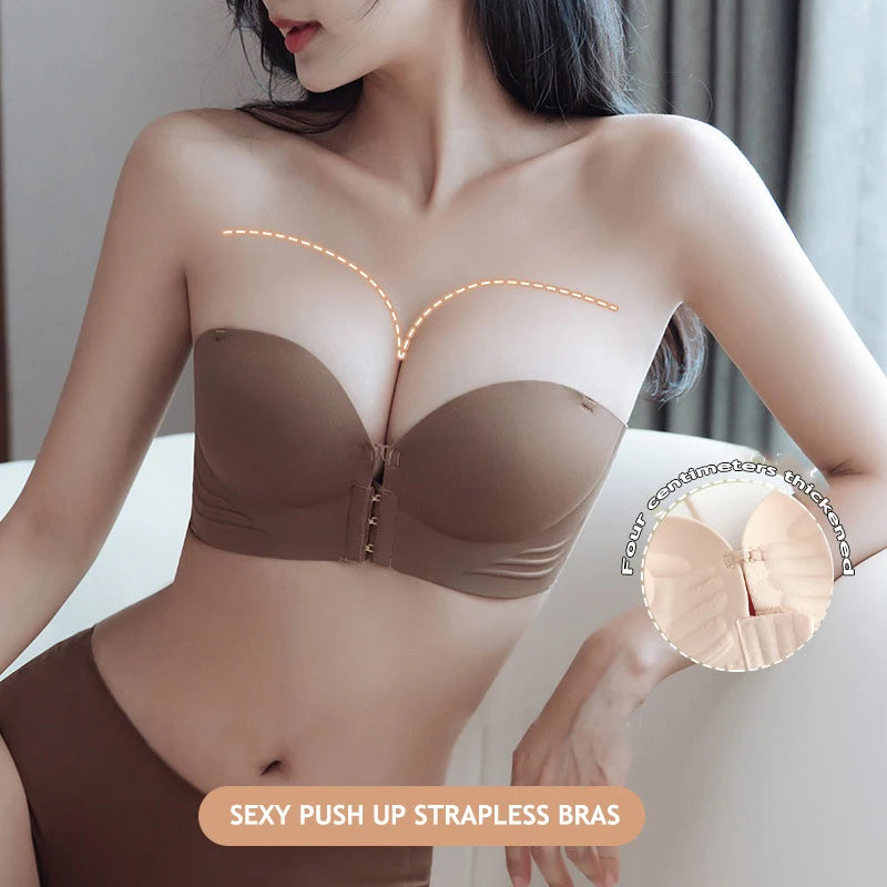 Front Closure Strapless Bras For Women Seamless Push Up Brassiere Thick Soft Underwear Solid Color Adjustable Invisible Lingerie