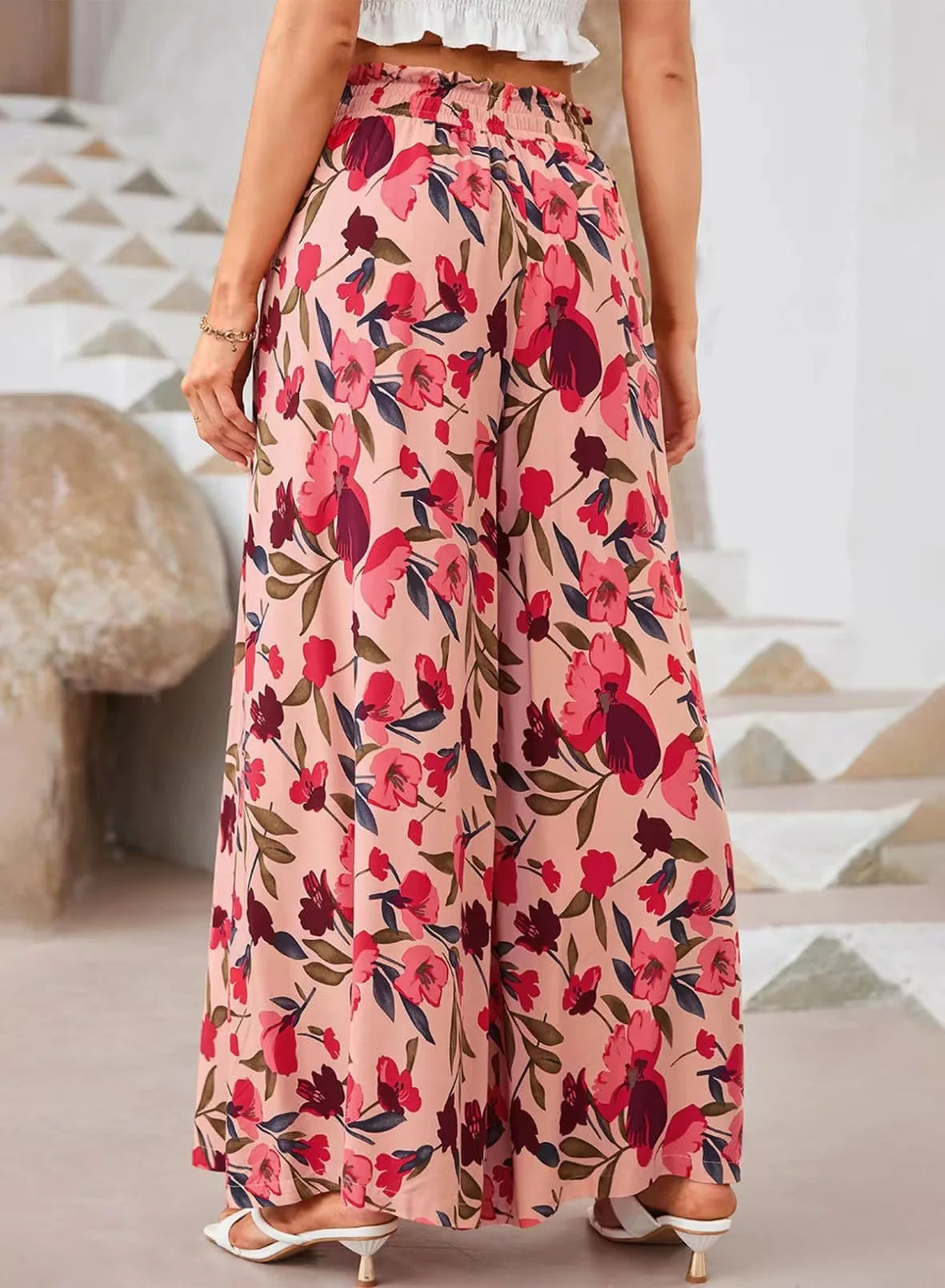Pant Women Wide Leg Long Pants Print Floral Elastic Waist Straight Trousers  Streetwear Elegant Maxi Capris Loose Summer