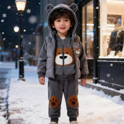 3Pcs Boys Suit Autumn And Winter Baby Girl Clothes Fleece Thickened Keep Warm Sets For Children Cute Bear Embroidery Clothing