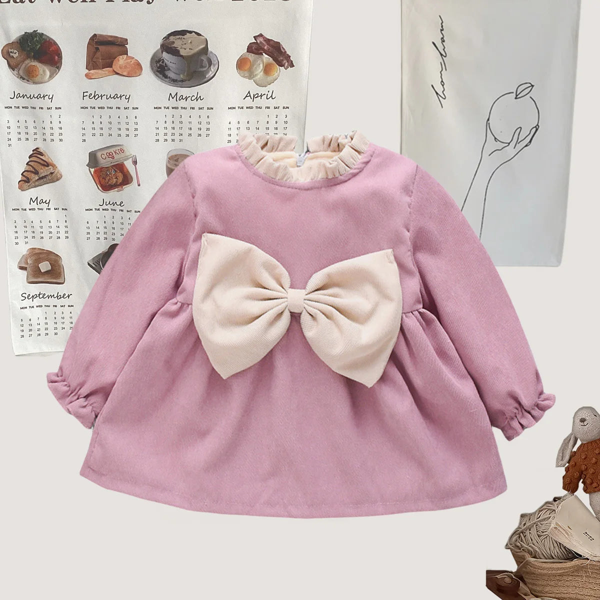 Winter Baby Girl Fleece Dress Bow Soft Standing Neck Solid Color Thickened And Warm Retro Baby Dress (Available)