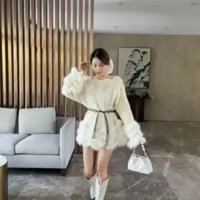 Western Style Dress Women's Sports Outdoor Sweater Furry Hem