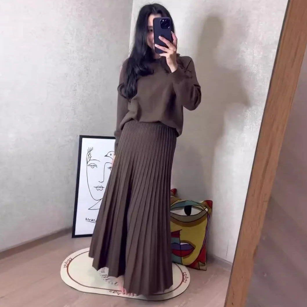 Women Eid Muslim Dresses Musulman Ensemble Two Pieces Arab Dubai Kaftan O Neck Solid Tops Morocco Pleated Skirts Casual