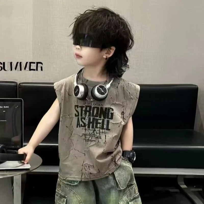 Kids Boy New Outfit Set Korean Children's Summer Clothing Denim Shorts +Thin Tie Dye Vest Sleeveless T-shirt 2-piece Set