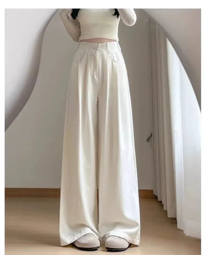 Ice Silk Drapey Wide Leg Pants Women's Summer Thin New Style Beige Color Nine Points Long Trousers Comfortable Fit Female Pants