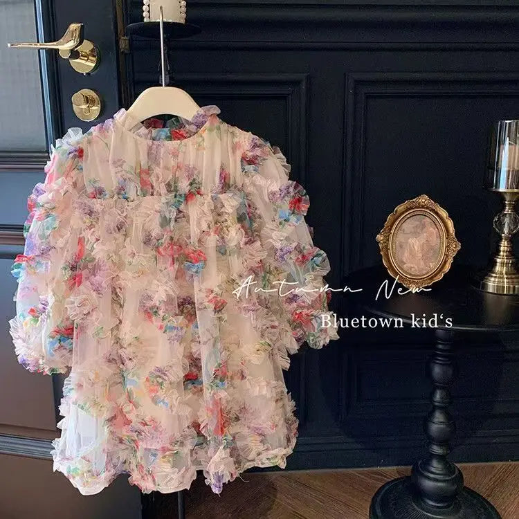New Baby Girls floral print Fall Mesh Long Sleeve Dress Princess Kids Sweet Party Dresses