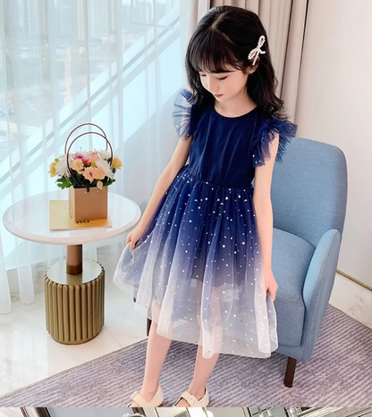 Summer Girl Dress Princess Star Sleeveless Tulle Girls Blue Sequin Tutu Dress