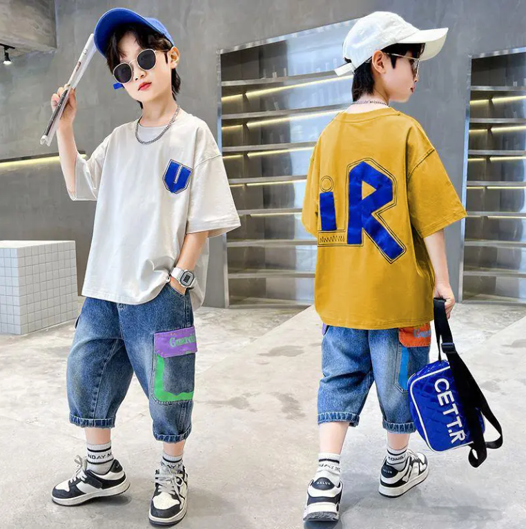 Summer Big Boys Clothes Short Sleeve Letter Loose T Shirt Denim Shorts 2Pcs Children Tracksuits Teenage Boys Clothing