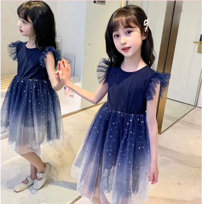 Summer Girl Dress Princess Star Sleeveless Tulle Girls Blue Sequin Tutu Dress