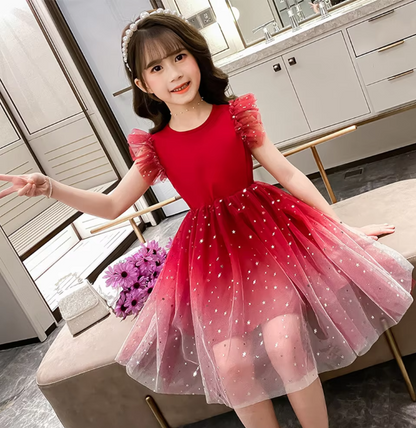 Summer Girl Dress Princess Star Sleeveless Tulle Girls Blue Sequin Tutu Dress