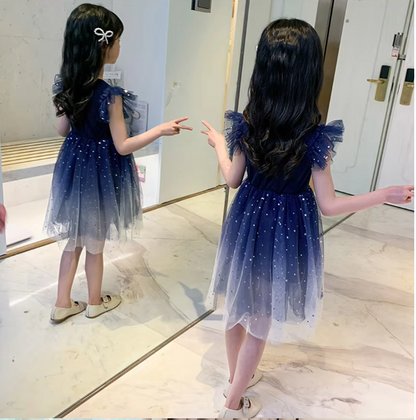 Summer Girl Dress Princess Star Sleeveless Tulle Girls Blue Sequin Tutu Dress