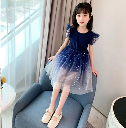 Summer Girl Dress Princess Star Sleeveless Tulle Girls Blue Sequin Tutu Dress