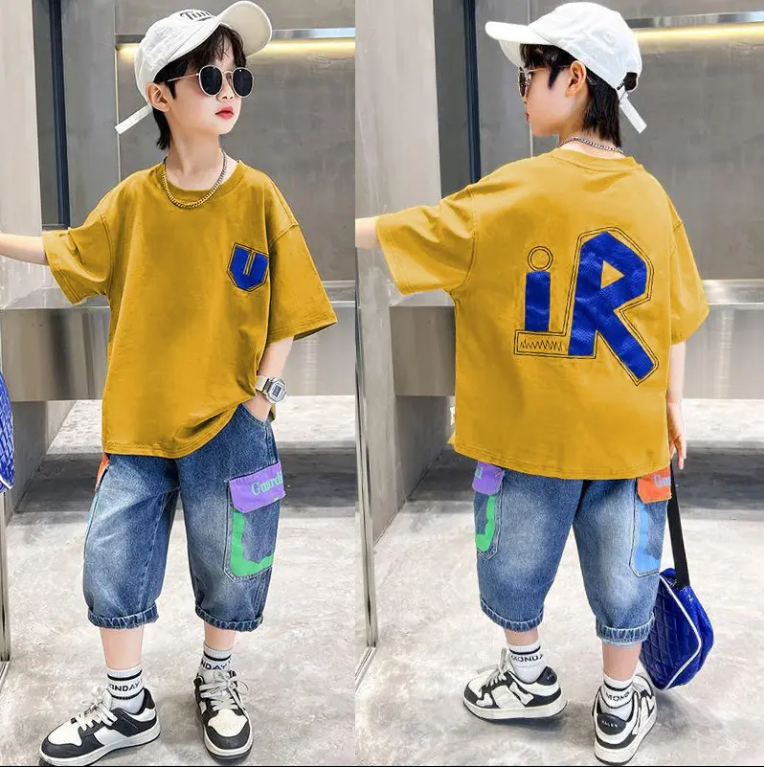 Summer Big Boys Clothes Short Sleeve Letter Loose T Shirt Denim Shorts 2Pcs Children Tracksuits Teenage Boys Clothing