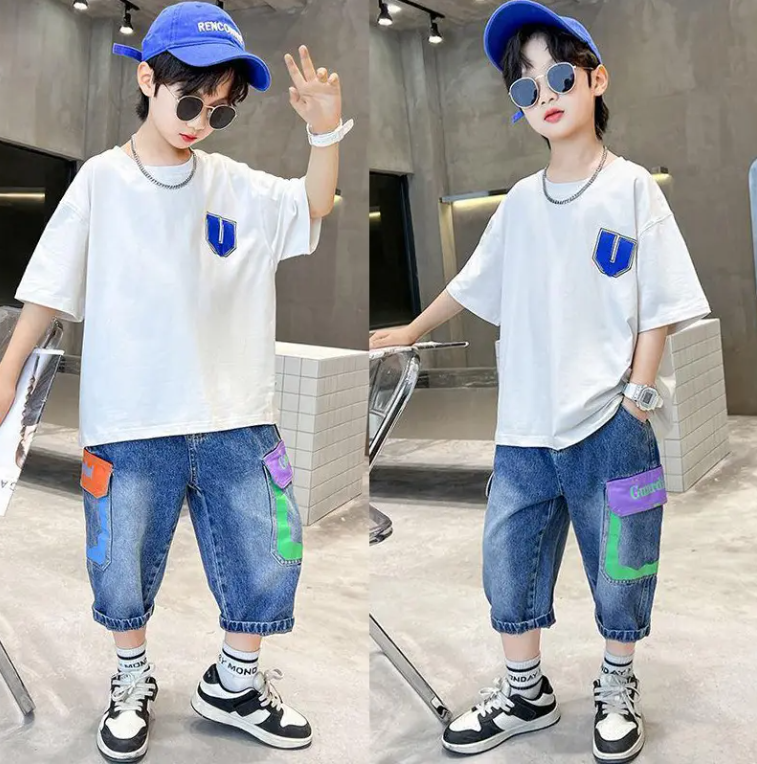 Summer Big Boys Clothes Short Sleeve Letter Loose T Shirt Denim Shorts 2Pcs Children Tracksuits Teenage Boys Clothing