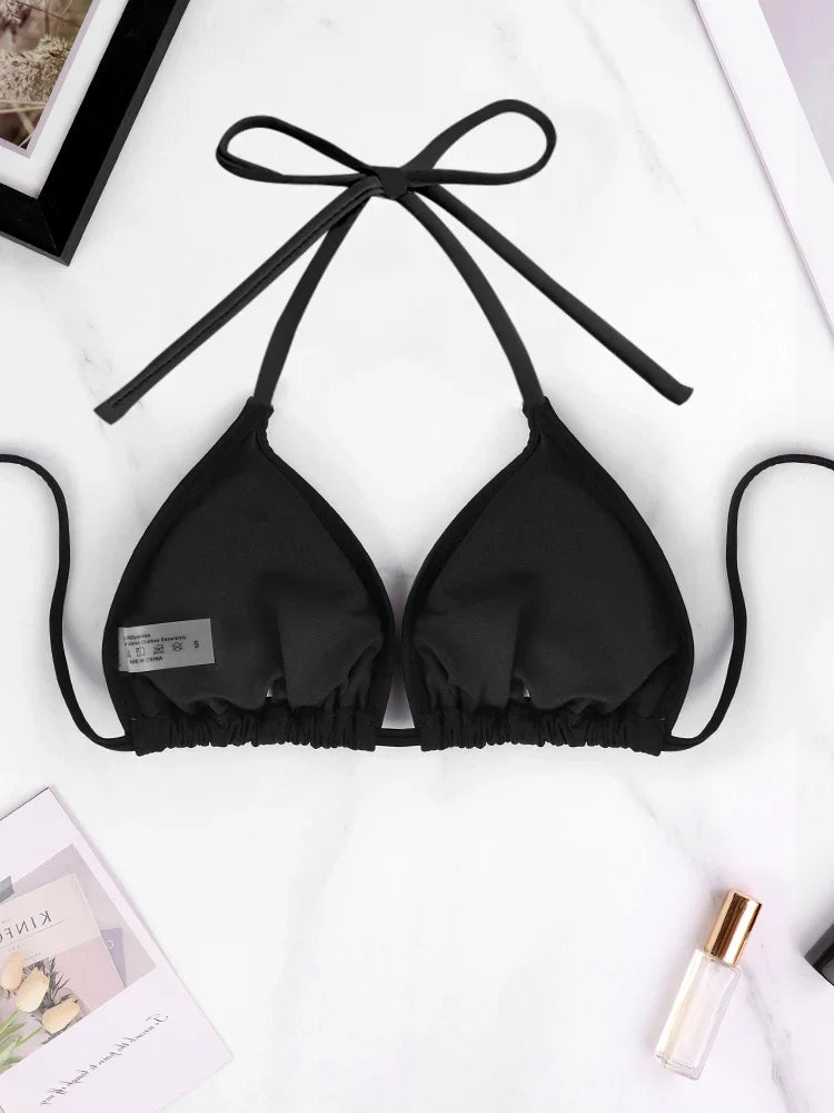 1Pc Women's Sexy Bikini Top Bra Swimsuit Summer Beach Style Solid Color Hanging Neck Bareback Strap Bikini Swimsuit Bra Swimsuit