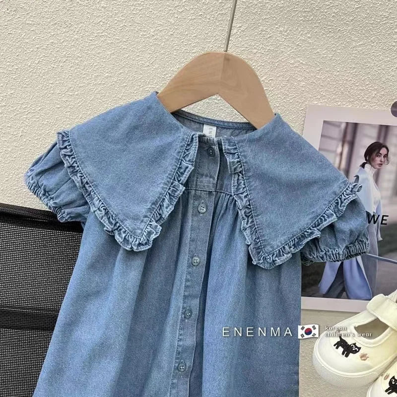 Children's Dress Summer Girl's Fashionable Bubble Sleeves Denim Dress Baby Cotton Short Sleeves Flip Collar Princess Dress