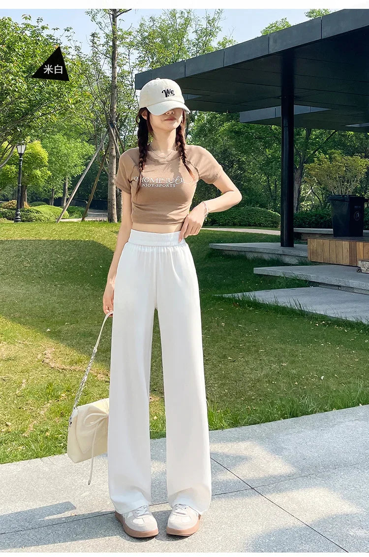 Slim Wide Leg Pants High Waist Drapey Thin Ice Silk Grey Small Size Straight Cut Women's Summer Trousers Long Pants