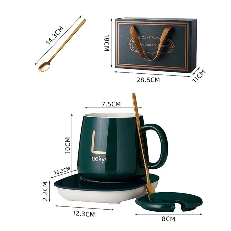 Heated Coffee & Tea Mug Set, Ceramic Thermostatic Cup with Lid & Spoon, Fashionable Lucky Cup, Valentine’s Day Gift