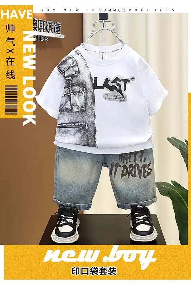 Boys Summer Clothing Set New Handsome Children's Short Sleeved Clothes Trendy Baby T-shirt Jeans Thin Two-piece Set