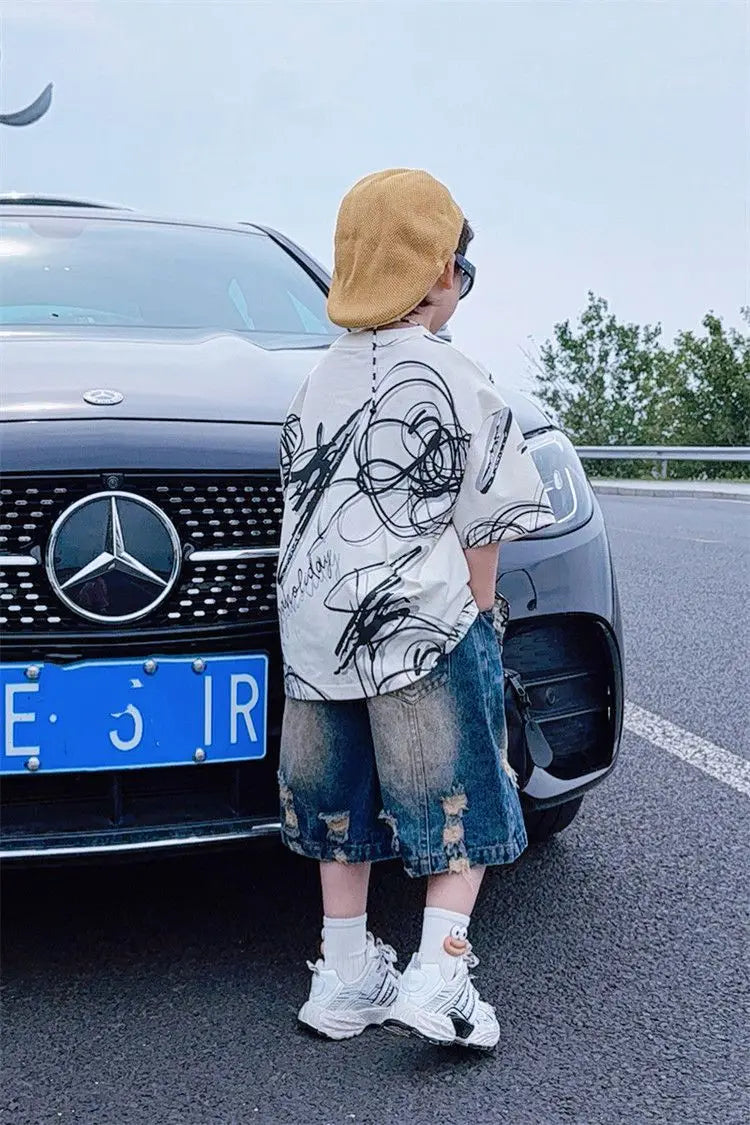 Summer children boys fashion casual T shirt hole jeans sets suits