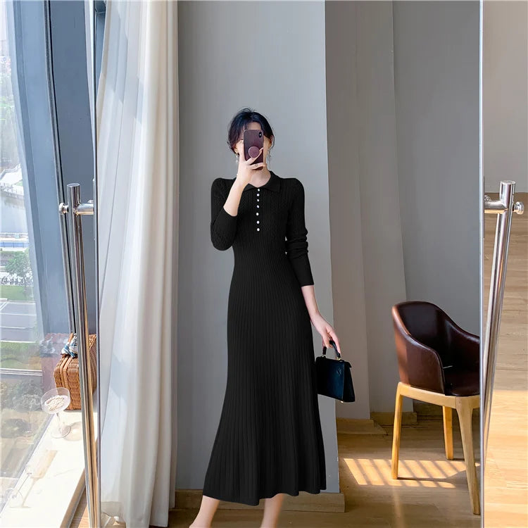 Sweater Dress Women New  Autumn Winter Purple White Or Black High Waist A Line Dress Elegant Long Knitted Dress