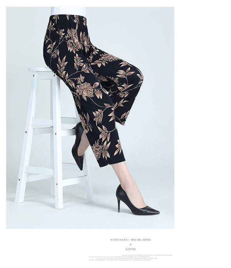 Summer Ladies Ice Silk Loose Casual Home Pants Elastic plus Size Mom Square Sports High Waist Straight Leg Length Nine Points
