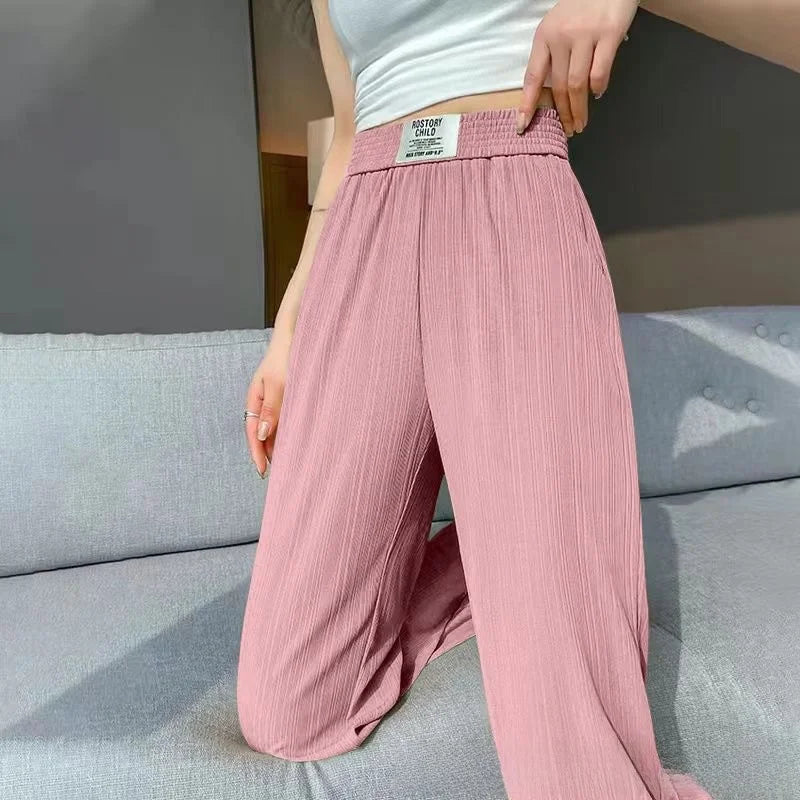 Ice Silk Wide Leg Pants Women's Spring Summer Autumn Thin High Waist Loose Straight Casual Long Trousers Comfortable Polyeste...