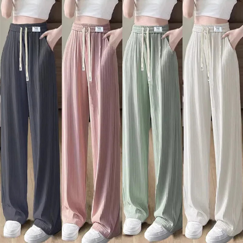 Ice Silk Wide Leg Pants Women's Summer Thin Hanging Sense Small Casual Summer Cool Straight Tube Pants High Waist Nine Points