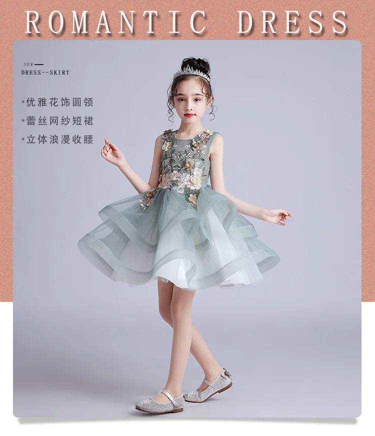 Kids Girls Layered Dress  Elegant Flower Girl Dresses for Wedding Birthday Party Children Festival Ball Gown